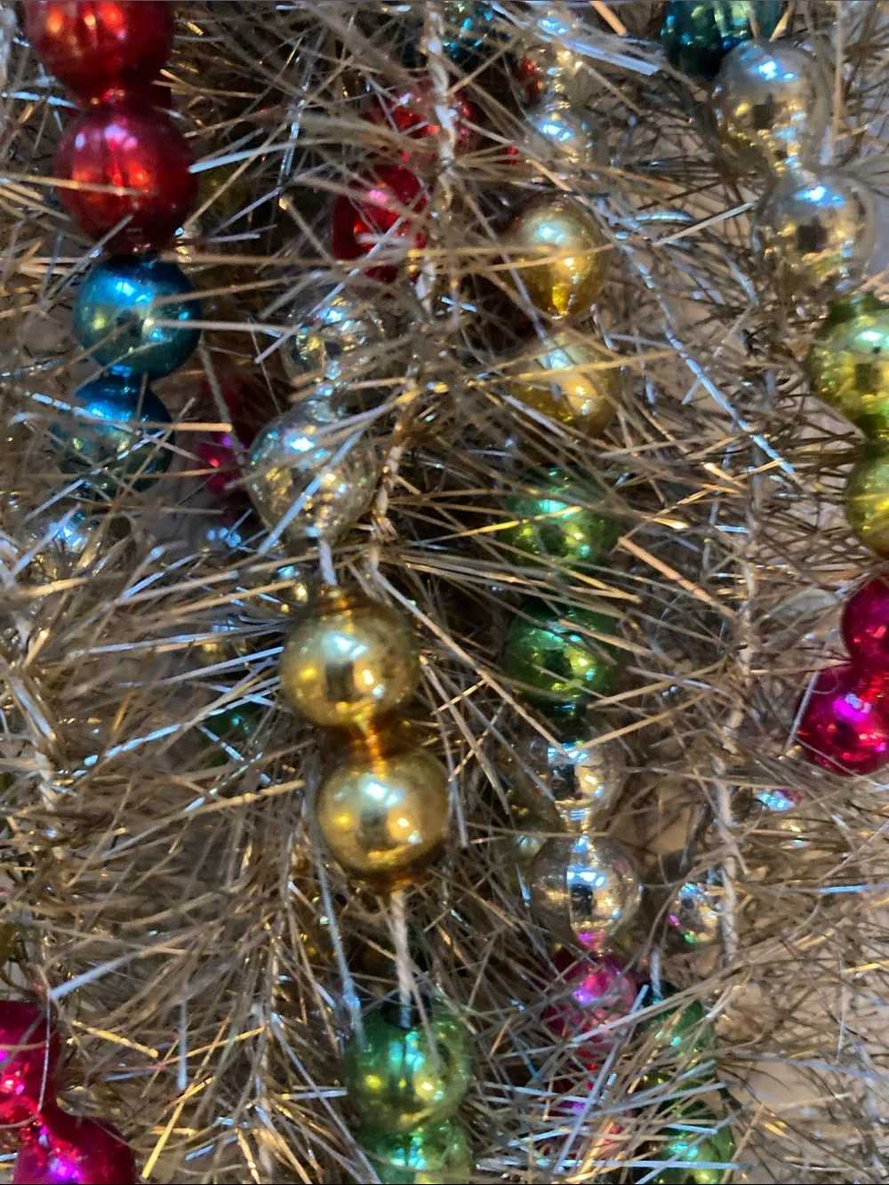 Antique VTG Mercury glass bead & tinsel garland 180” rare!  40s